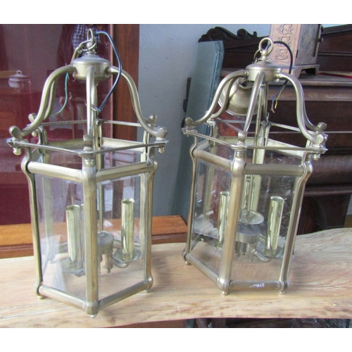 1641 - Pair of Cast Brass Lanterns with Bevel Inset Glass Panels Each Electrified Working Order Attractivel... 