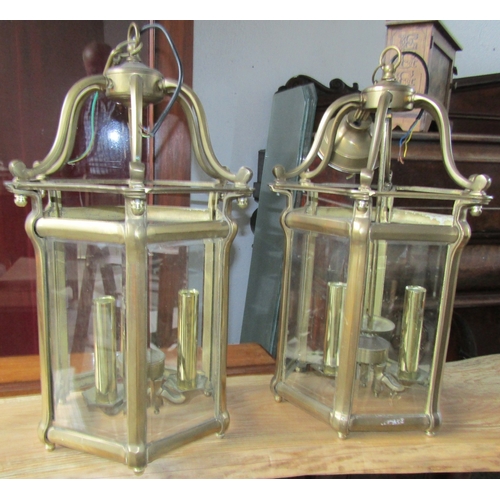 1641 - Pair of Cast Brass Lanterns with Bevel Inset Glass Panels Each Electrified Working Order Attractivel... 