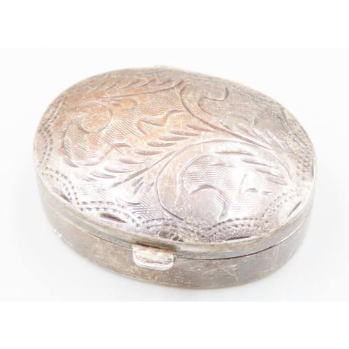 1653 - Italian Silver Oval Form Pill Box Engraved Decoration Hinged Cover Approximately 5cm Wide