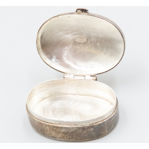 1653 - Italian Silver Oval Form Pill Box Engraved Decoration Hinged Cover Approximately 5cm Wide