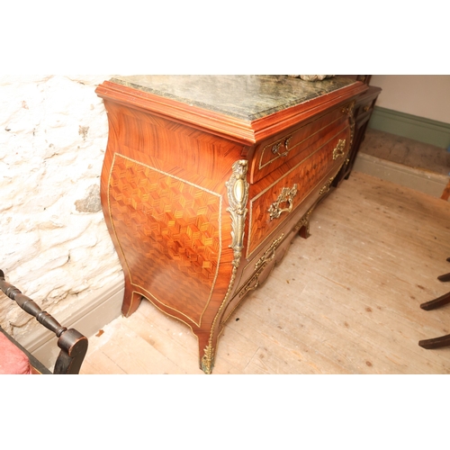 1662 - French Kingswood Marquetry Decorated Chest of Four Long Drawers Inset Green Marble Top Above Shaped ... 