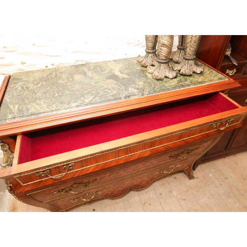 1662 - French Kingswood Marquetry Decorated Chest of Four Long Drawers Inset Green Marble Top Above Shaped ... 