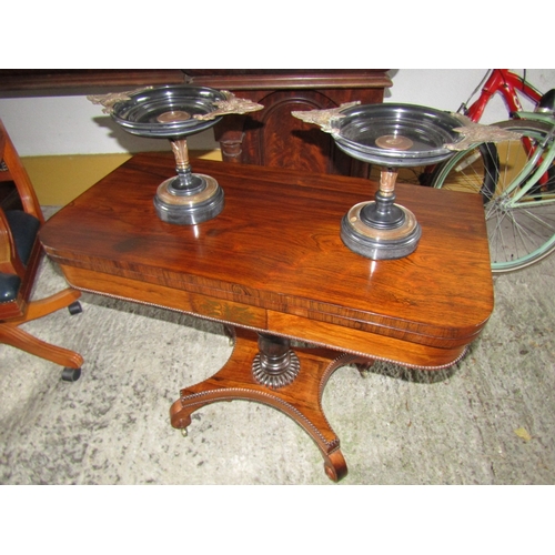 1671 - Regency Rosewood Foldover Card Table Brass Inset Plaque to Front to Above Quatrefoil Base Attractive... 