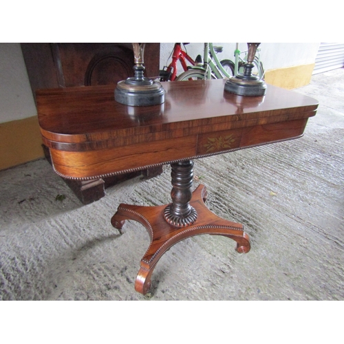 1671 - Regency Rosewood Foldover Card Table Brass Inset Plaque to Front to Above Quatrefoil Base Attractive... 