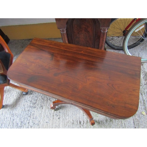 1671 - Regency Rosewood Foldover Card Table Brass Inset Plaque to Front to Above Quatrefoil Base Attractive... 