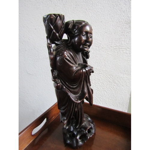 1673 - Antique Oriental Carved Hardwood Chinese Figure Approximately 14 Inches Tall