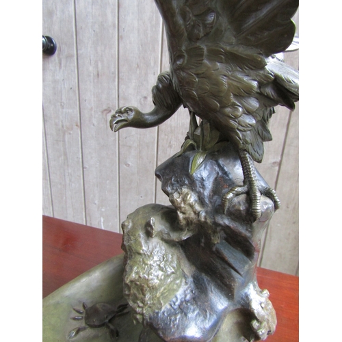 1676 - Antique Bronze Sculpture Eagle on Rock with Crab to Base Signed Indistinctly Lower Right Approximate... 