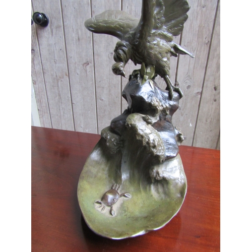 1676 - Antique Bronze Sculpture Eagle on Rock with Crab to Base Signed Indistinctly Lower Right Approximate... 