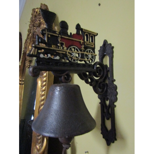 1692 - Railway Steam Engine Motif Cast Metal Wall Mounted Bell Entire Approximately 12 Inches High