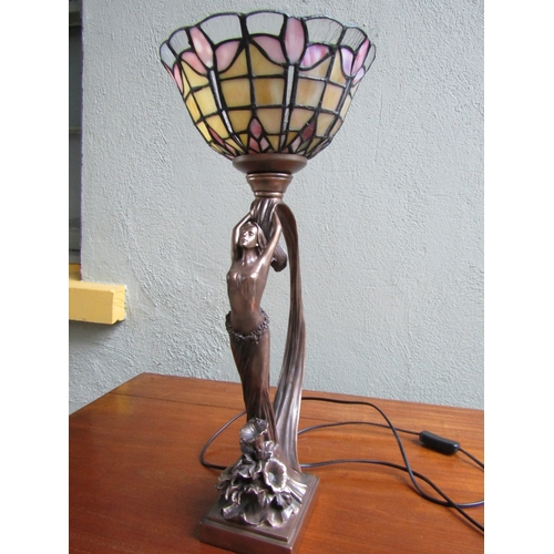 1693 - Tiffany Stained Glass Table Lamp Figural Form Support Electrified Working Order Approximately 19 Inc... 