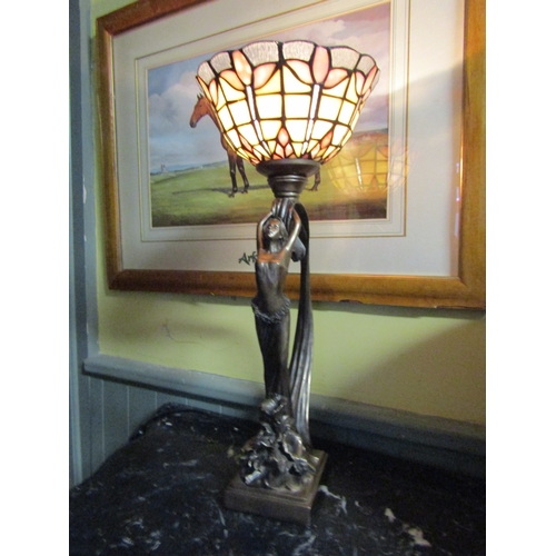 1693 - Tiffany Stained Glass Table Lamp Figural Form Support Electrified Working Order Approximately 19 Inc... 