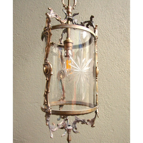 1694 - Cast Brass Ceiling Lantern with Engraved Glass Panels Good Original Condition Electrified Working Or... 