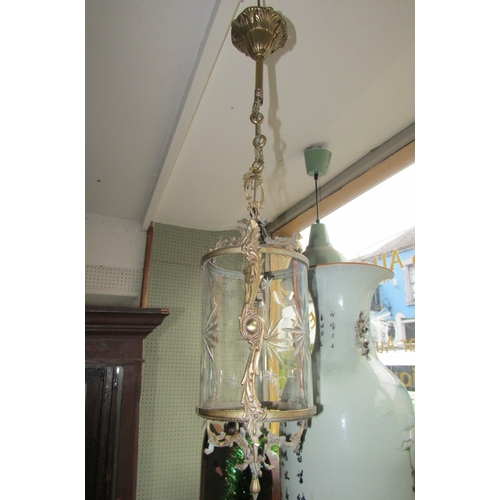 1694 - Cast Brass Ceiling Lantern with Engraved Glass Panels Good Original Condition Electrified Working Or... 