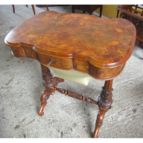 1701 - Victorian Figured Walnut Ladies Workbox Table Fitted Interior Attractively Carved Side Pillar Decora... 