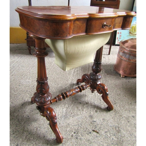 1701 - Victorian Figured Walnut Ladies Workbox Table Fitted Interior Attractively Carved Side Pillar Decora... 