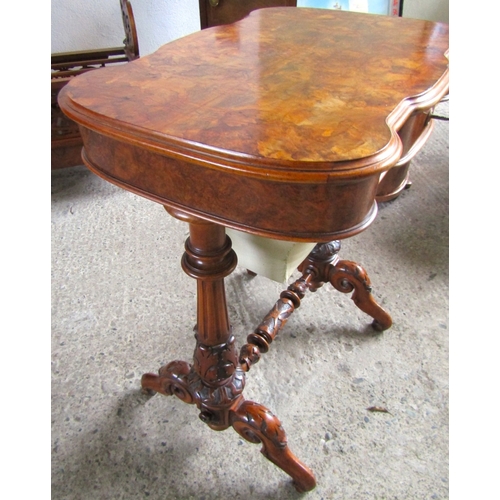 1701 - Victorian Figured Walnut Ladies Workbox Table Fitted Interior Attractively Carved Side Pillar Decora... 