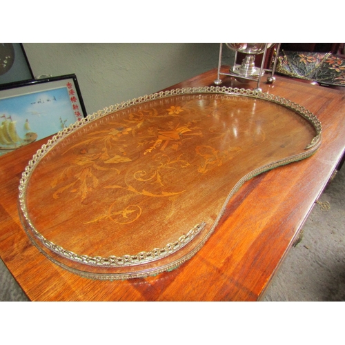 1703 - Victorian Marquetry Decorated Kidney Shaped Gallery Decorated Serving Tray Approximately 24 Inches W... 