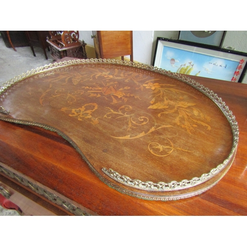 1703 - Victorian Marquetry Decorated Kidney Shaped Gallery Decorated Serving Tray Approximately 24 Inches W... 