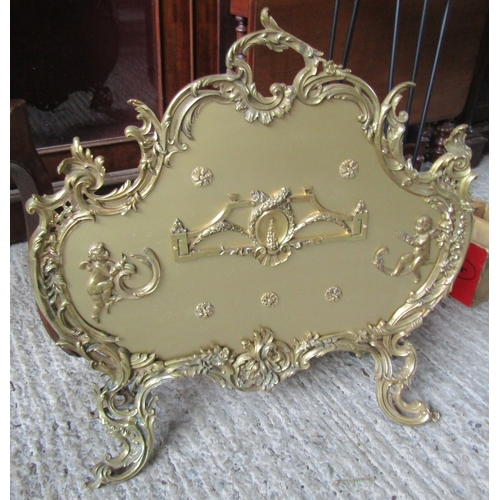 1704 - Ricco Cast Brass Edwardian Fire Screen Shaped Supports Cartouche Form Handle Attractively Detailed T... 