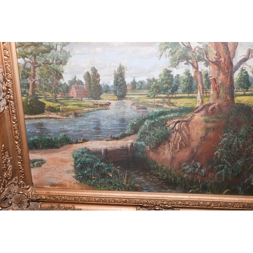 1722 - River Scene with Mill Beyond Oil on Canvas 16 Inches High x 20 Inches Wide Contained Within Gilded S... 