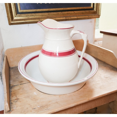 1725 - Victorian Pine Wash Basin Stand with Edwardian Porcelain Water Ewer and Basin Three Quarter Gallery ... 