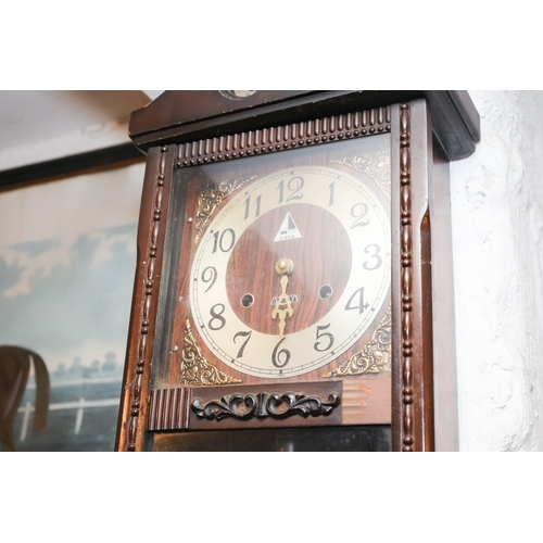 1728 - Regulator Wall Clock Brass Pendulum Dial Shaped Pediment Approximately 9 Inches Wide x 2ft High