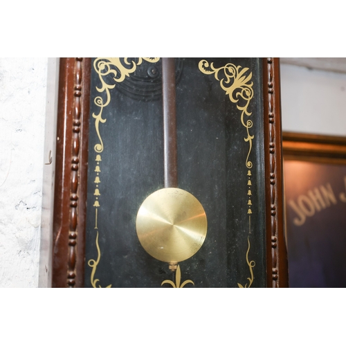 1728 - Regulator Wall Clock Brass Pendulum Dial Shaped Pediment Approximately 9 Inches Wide x 2ft High