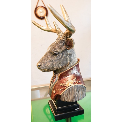 1731 - Polychrome Decorated Figure of Deer with Antlers Stepped Platform Base Approximately 16 Inches High