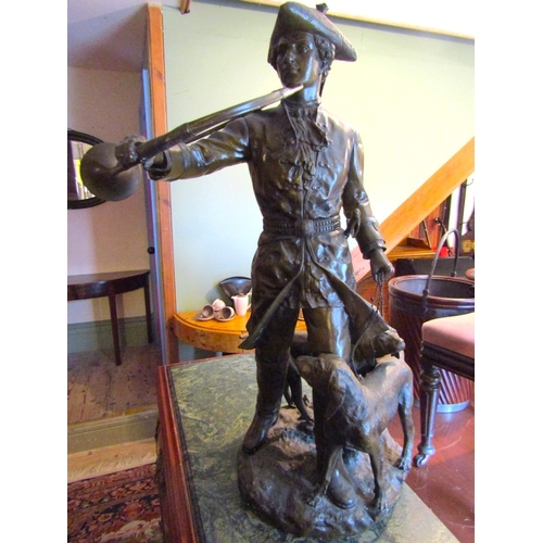 1733 - Large Bronze Sculpture Huntsman with Hound and Hunting Horn Approximately 32 Inches High Signed Indi... 