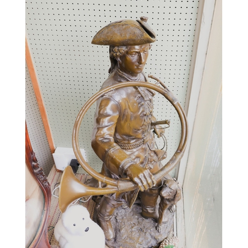 1733 - Large Bronze Sculpture Huntsman with Hound and Hunting Horn Approximately 32 Inches High Signed Indi... 