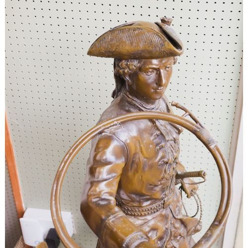 1733 - Large Bronze Sculpture Huntsman with Hound and Hunting Horn Approximately 32 Inches High Signed Indi... 