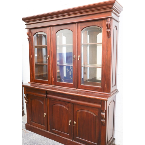 1747 - Carved Mahogany Three Door Bookcase Cabinet Three Glazed Doors Above Cupboard Base Approximately 6ft... 