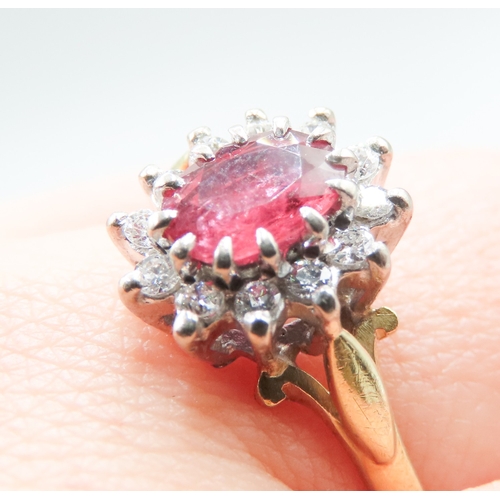 175 - Ruby Centre Stone Ring with Diamond Set Halo Surround Mounted in 18 Carat Yellow Gold Ring Size V