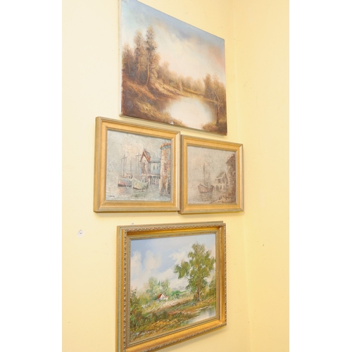 1750 - Four Paintings Oil on Canvas and Pair of Marine Scenes with Two Landscapes One Unframed Largest Appr... 