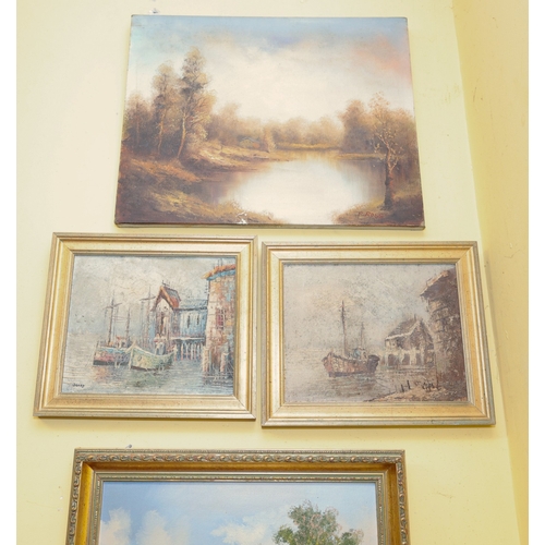 1750 - Four Paintings Oil on Canvas and Pair of Marine Scenes with Two Landscapes One Unframed Largest Appr... 