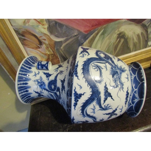 1756 - Chinese Shaped Form Vase Blue and White Porcelain Dragon Motifs Approximately 23 Inches High