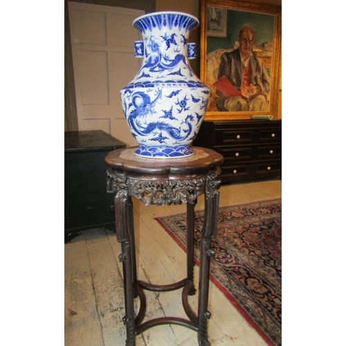 1756 - Chinese Shaped Form Vase Blue and White Porcelain Dragon Motifs Approximately 23 Inches High