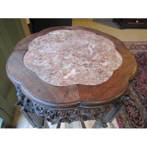 1757 - Antique Chinese Stand Inset Marble Top Above Well Carved Supports Approximately 36 Inches High x 16 ... 