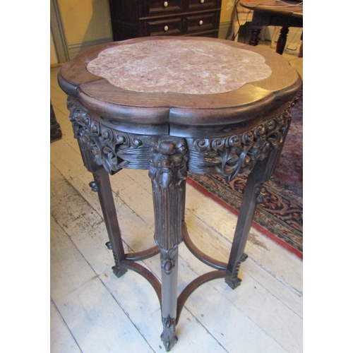 1757 - Antique Chinese Stand Inset Marble Top Above Well Carved Supports Approximately 36 Inches High x 16 ... 