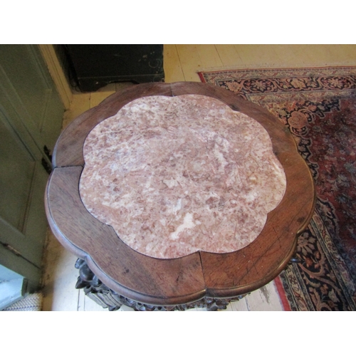 1757 - Antique Chinese Stand Inset Marble Top Above Well Carved Supports Approximately 36 Inches High x 16 ... 