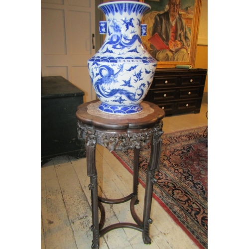 1757 - Antique Chinese Stand Inset Marble Top Above Well Carved Supports Approximately 36 Inches High x 16 ... 