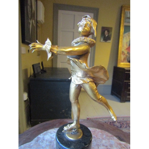 1758 - Antique Gilded Bronze Figure of Skater on Turned Marble Pedestal Base Approximately 10 Inches High A... 