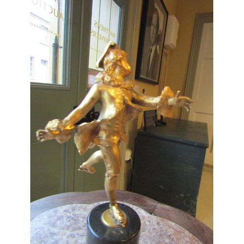 1758 - Antique Gilded Bronze Figure of Skater on Turned Marble Pedestal Base Approximately 10 Inches High A... 