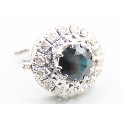 176 - Finely Detailed Sapphire Centre Stone Ring with Diamond Set Halo Surround Mounted in Platinum Ring S... 