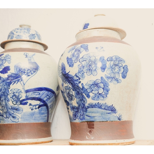 1768 - Large Pair of Baluster Form Blue and White Oriental Vases with Original Covers Signed with Character... 