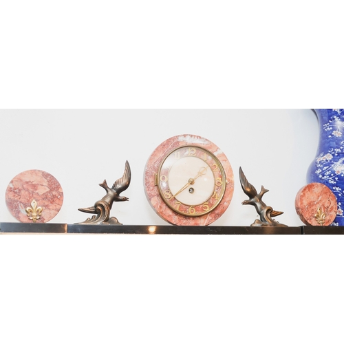 1770 - Art Deco Three Piece Mantle Clock Suite Rouge Marble with Flanked Avion Motifs Decoration Appliques ... 