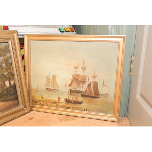 1772 - Two Oil Paintings Gilt Framed Marine Scene and Landscape Castle Beyond Largest Approximately 16 Inch... 