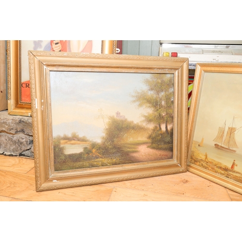 1772 - Two Oil Paintings Gilt Framed Marine Scene and Landscape Castle Beyond Largest Approximately 16 Inch... 