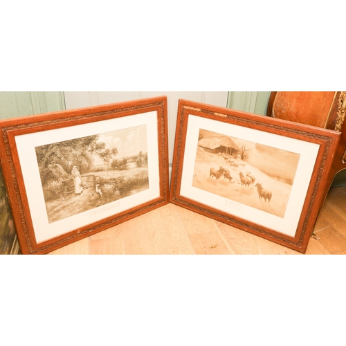 1776 - Edwardian Oak Framed Prints Including Wooden Landscape Largest Approximately 32 Inches Wide x 22 Inc... 