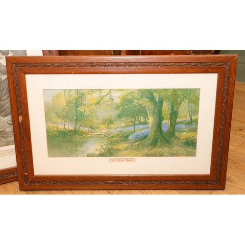 1776 - Edwardian Oak Framed Prints Including Wooden Landscape Largest Approximately 32 Inches Wide x 22 Inc... 